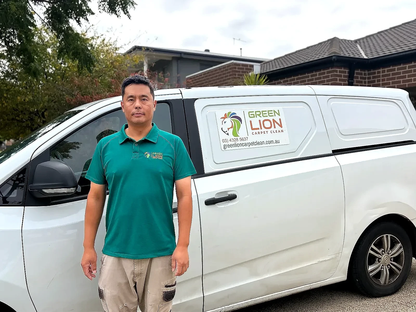 Jin, owner of Green Lion Carpet Clean, with the branded van in Point Cook